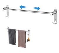 Porte-serviettes extensible en acier inoxydable (43–75 cm), porte-serviettes avec crochets, vis et colle, argenté, fixation murale, porte-serviettes de bain pour salle de bains et cuisine