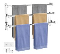 Porte-serviettes mural en acier inoxydable à 3 niveaux, pour salle de bain, montage mural sans perçage, extensible de 43 à 76 cm, avec vis et crochets, couleur argent, pour salle de bain, cuisine et t