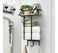 Porte-serviettes mural en métal avec étagère de bain en bois et crochet - Rangement pour serviettes de bain roulées et serviettes en bois noir
