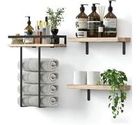Porte-serviettes mural - Noir Étagère à serviettes de salle de bain Porte-serviettes en métal avec tablette en bois, ensemble de porte-serviettes pour invités comprenant deux étagères murales de salle