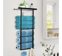 Porte-serviettes mural noir, porte-serviettes sans perçage avec tablette, 6 crochets et barre de guidage, 76 cm, étagère à serviettes pour salle de bains, porte-serviettes d'invités, fixation murale, 