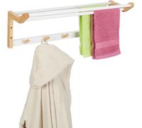 Porte-serviettes mural Relaxdays, dimensions : 22 x 60 x 20 cm, porte-serviettes de douche avec crochets et barres, bambou, naturel/blanc