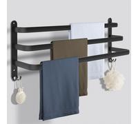 Porte-serviettes noir 60 cm, porte-serviettes sans perçage, étagère à serviettes en aluminium à fixation murale, à 3 niveaux, avec crochets, porte-serviettes pour salle de bains et cuisine, accessoire
