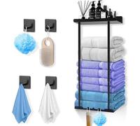 Porte-serviettes noir escamotable avec tablette - Porte-serviettes de salle de bain sans perçage, avec crochets autocollants - pour cabine de douche, mur de 38 à 75 cm