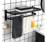 Porte-serviettes Radiateur Double barres en acier inoxydable - Porte-serviettes noir - Étagère - Pliable - Porte-serviettes de salle de bain - Crochets - 15 pouces
