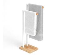 Porte-Serviettes Relaxdays sur Pied, à 2 Barres, pour Serviettes de Bain et de Toilette, métal et Bambou, Blanc/Nature