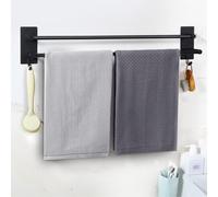 Porte-serviettes sans perçage, 60 cm, barre double pour salle de bain, noir, autocollant, en acier inoxydable, avec 2 crochets, pour serviette de bain, salle de bain, paroi de douche, cuisine