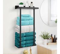 Porte-serviettes sans perçage – Étagère à serviettes extensible de 38 à 75 cm, autocollante avec tablette et crochets, porte-serviettes mural pour invités, porte-serviettes noir pour salle de bains et