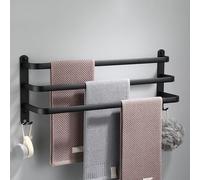 Porte-serviettes sans perçage, noir ; barre murale adhésive pour salle de bain et cuisine ; porte-serviettes de bain en aluminium avec 2 crochets ; porte-serviettes noir à 3 niveaux, 60 cm