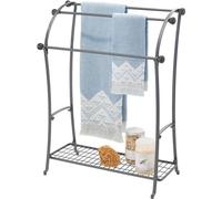 Porte-serviettes sur pied avec panier pour articles de salle de bain, métal gris