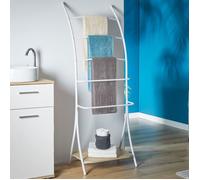 Porte-serviettes sur pied EDY avec 5 niveaux de différentes hauteurs en métal blanc et 1 étagère portant pour salles de bain