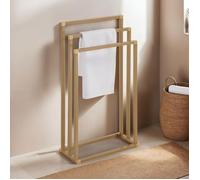 Porte-serviettes sur pied KUNO portant pour vêtements et linge de salle de bain avec 3 niveaux d'étendage, structure en métal doré