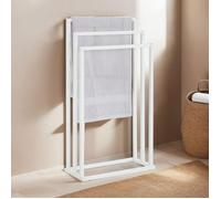Porte-serviettes sur pied KUNO portant pour vêtements et linge de salle de bain avec 3 niveaux d'étendage, structure en métal blanc