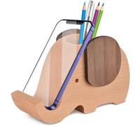 Porte-stylos en bois en forme d'éléphant, avec support pour téléphone portable