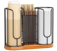 Porte-tasses à café et couvercles - Organiseur de pailles jetables avec base en bois - Distributeur de gobelets en papier plastique pour comptoir, station de café, bar, restaurant, bureau, salle de