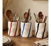 Porte-ustensiles asymétrique Wabi Sabi à rayures ondulées, pot de rangement pour couverts à rayures rouge bleu noir, organisateur de grande capacité pour baguettes cuillères fourchettes, décoration de