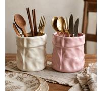 Porte-ustensiles en papier plissé style Wabi-Sabi, pot de rangement pour couverts brillant crème rose blanc, organisateur de grande capacité pour baguettes cuillères fourchettes couteaux, décoration d
