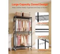 Porte-vêtements à roulettes, porte-vêtements robuste, 3 niveaux réglables en acier au carbone, capacité de charge de 204 kg, armoire pour chambre à coucher, magasin de vêtements, couloir