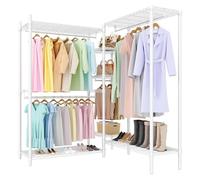 Porte-vêtements en L - Armoire d'angle sur pied - Très robuste, capacité de charge de 739 kg - 4 tringles et étagères - Fer antirouille - Blanc