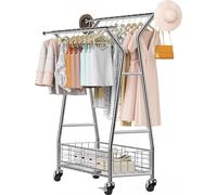 Porte-vêtements, porte-vêtements à roulettes avec 2 tringles et panier de rangement, capacité de charge de 150 kg, porte-vêtements extensibles en acier au carbone avec roulettes pour chambre à coucher