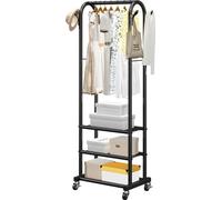 Porte-vêtements, porte-vêtements à roulettes avec tringle et crochets latéraux, 3 étagères de rangement, capacité de charge de 45 kg, porte-vêtements en acier au carbone très résistants pour chambre à