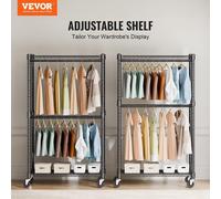 Porte-vêtements robuste, double tringle, avec étagères de rangement en haut et en bas, porte-vêtements à roulettes pour suspendre les vêtements, tubes en acier épais de 2,5 cm de diamètre pouvant supp
