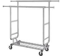 Porte-vêtements robuste, double tringle pour suspendre les vêtements, hauteur réglable et longueur extensible, avec espace de rangement en bas, capacité de charge de 600 lb.