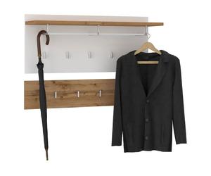 Portemanteau mural 9 patères 1 tringle VIELLA, avec 1 étagère de rangement, en mélaminé chêne wotan et blanc