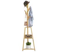 HOMCOM Portemanteau sur pieds en bois bambou, portant à vêtements, 8 patères, 3 étagères, vestiaire, 46 x 46 x 175 cm, meuble d'entrée pour vêtements, chapeaux, entrée, naturel