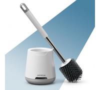 PORTENTUM Brosse Toilettes WC Silicone avec Support antigoutte et Moins d’odeurs - Brosse WC à tête Courbe et Manche métallique - Format Compact près des Toilettes - Accessoire Salle de Bain