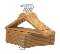 PORTENTUM Cintres en Bois, Lot de 20, Naturel - Crochet Pivotant 360°, Encoches pour Robes et Chemisiers, Barre Antidérapante pour Pantalons, Convient pour Costumes, Chemises, Vestes