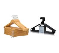 PORTENTUM Cintres en Bois, Lot de 20, Naturel. Crochet Pivotant, pour Tous Types & Lot de 10 cintres en Plastique 100% recyclé pour Tous Types de vêtements - Crochet pivotant à 360°- Gain