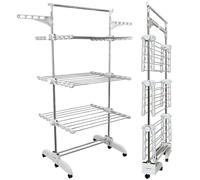 PORTENTUM Etendoir Linge Interieur et Exterieur Pliable 14 cm - 5 Niveaux et 58 Crochets pour cintres - Jusqu’à 40 kg - Séche 24 Barres INOX - Intérieur et extérieur - roulettes pivotantes avec Frein