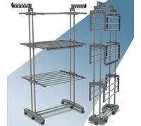PORTENTUM Etendoir Linge Interieur et Exterieur Pliable avec 4 Niveaux et 24 Barres de séchage - Jusqu’à 40 kg - Seche Linge avec 2 Accessoires pour Chaussettes - roulettes pivotantes avec Frein