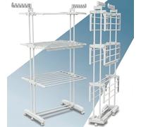 PORTENTUM Etendoir Linge Interieur et Exterieur Pliable avec 4 Niveaux et 24 Barres de séchage - Jusqu’à 40 kg - Seche Linge avec 2 Accessoires pour Chaussettes - roulettes pivotantes avec Frein
