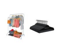 PORTENTUM Portant a vetement en acier Blanc Renforcé avec Roues et Double Barre + 50 Cintres en Velours Antidérapants Ultra-Mince | Solution Complète de Rangement et Gain de Place