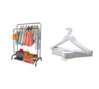 PORTENTUM Portant a vetement en acier Noir Renforcé avec Roues et Double Barre + 10 Cintres en Bois Massif Blanc avec Crochet Pivotant | Solution Premium de Rangement et de Style