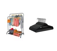 PORTENTUM Portant a vetement en acier Noir Renforcé avec Roues et Double Barre + 30 Cintres en Velours Antidérapants Ultra-Mince | Solution Complète de Rangement et Gain de Place