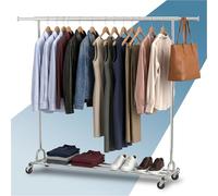 PORTENTUM Portant a vetement solide extensible avec roues et freins - Jusqu'à 130 kg de charge - Penderie en acier 45 x (160-200) x 161,5 cm - Avec rangement inférieur - Montage rapide