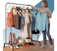 PORTENTUM Portemanteau pour vêtements résistant en acier - jusqu'à 35 kg - Organisateur avec double barre et étagère à chaussures - Portemanteau sur pied avec pieds antidérapants - Couvercles