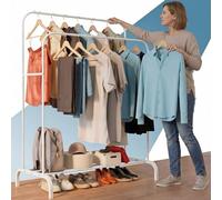 PORTENTUM Portemanteau pour vêtements résistant en acier - jusqu'à 35 kg - Organisateur avec double barre et étagère à chaussures - Portemanteau sur pied avec pieds antidérapants - Couvercles