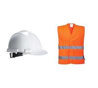 Portwest Casque de sécurité Expertbase, Couleur: Blanc, PW50WHR & Gilet Double Bande, Couleur: Orange, Taille: 4X/5X, C474ORR4X/5X