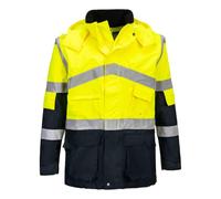Portwest S760 Parka Bicolore Poches Poitrine Oxford 300D Lavable en Machine | Jaune/Marine, L, EN ISO 20471 Classe 3, Polyester, Double Revêtement PU, Fentes Latérales, Cordon de Serrage, Veste à Capuche