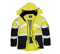 Portwest S760 Parka Bicolore Poches Poitrine Oxford 300D Lavable en Machine | Jaune/Marine, XS, EN ISO 20471 Classe 3, Polyester, Double Revêtement PU, Fentes Latérales, Cordon de Serrage, Poche Radio