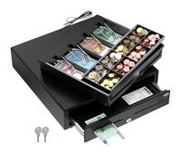 POS VALLEY Tiroir Caisse Monnaie Professionnelle Avec 4 Compartiments Billet / 8 Compartiments Monnaies (Euro), à ouverture automatique (via connexion RJ11/12 imprimante), Noir, 41x41cm