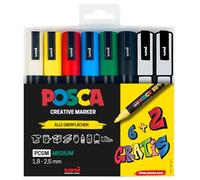 POSCA 186826 - POSCA Marker Set, étui de 8 stylos acryliques PC-5M, 1.8 - 2.5 mm, 6 couleurs standard + 2 couleurs spéciales changeantes