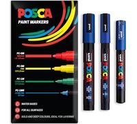Posca Lot de 3 marqueurs de peinture acrylique à base d'eau | Stylo de peinture permanente multi-surfaces | Emballage cadeau | verre, tissu, toile, bois, etc. | PC-1M, PC-3M, PC-5M, bleu