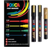 Posca Lot de 3 marqueurs permanents à base d'eau - Utilisation multi-surfaces - PC-1M, PC-3M, PC-5M - Lot de 3 stylos dans un étui (doré)