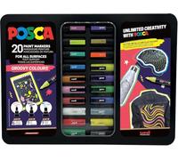 POSCA, Mallette Groovy Colours - 20 Marqueurs peinture base eau | Uni Mitsubishi Pencil - PC1MC PC3ML PC5M, Pailletés, Métallisés et Fluo - Permanents sur surfaces poreuses - Tout support
