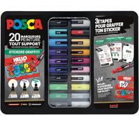 POSCA, Mallette Sticker Graffiti - 20 Marqueurs peinture base eau | Uni Mitsubishi Pencil - PC1MC PC3M PC5M + 3 Tutos et 3 Stickers Graffiti - Permanents sur surfaces poreuses - Tout support